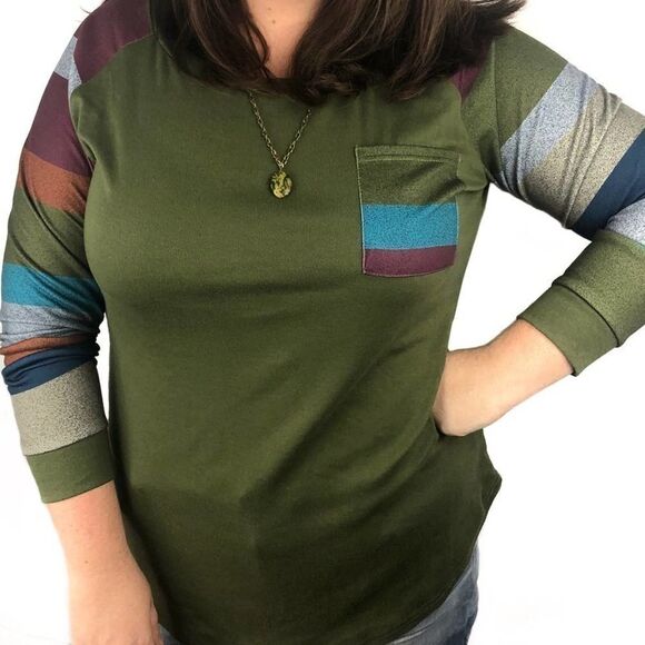 154 Green Striped sleeve pocket tee - Picture 1 of 4